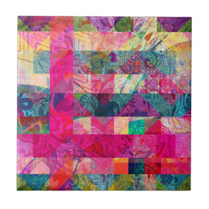 Vibrant Colourful Abstract Pink Plaid Funky Tile