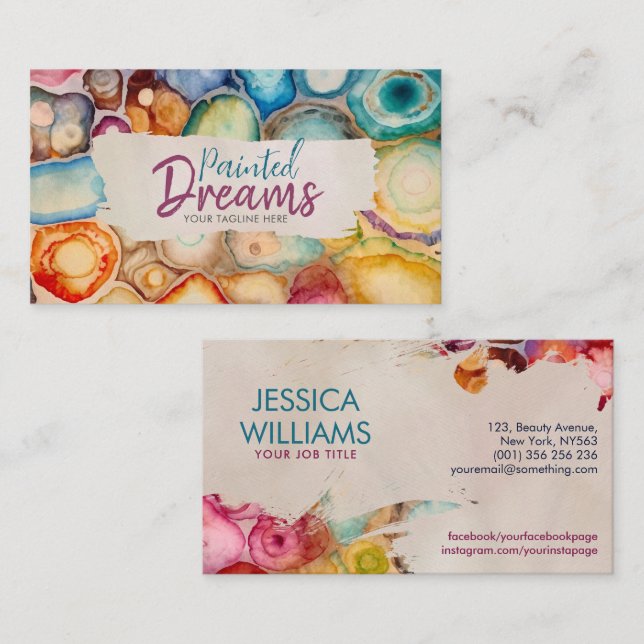 Vibrant Colourful Agate Watercolor Abstract Business Card (Front/Back)