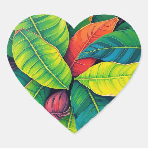 Vibrant Colourful Banana Foliage Pattern Heart Sticker