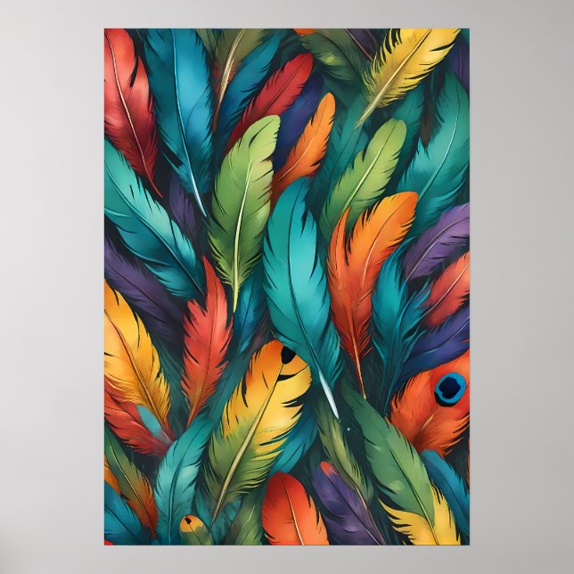 Vibrant Colourful Boho Feather Pattern Poster (Front)