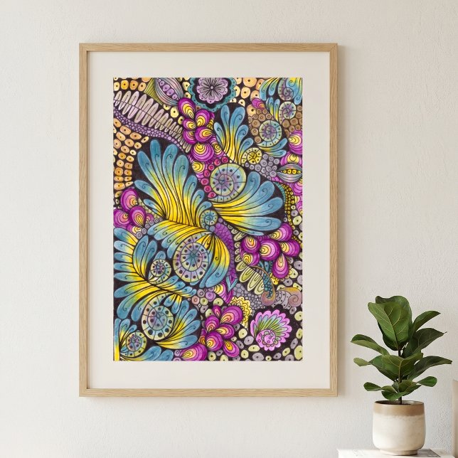 Vibrant Colourful Boho Floral Feather Doodle Art Poster (Creator Uploaded)