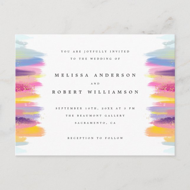 Vibrant Colourful Brush Strokes Bohemian Wedding Invitation Postcard (Front)