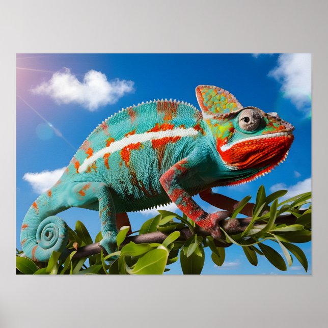 Vibrant Colourful Chameleon on a Blue Background Poster (Front)