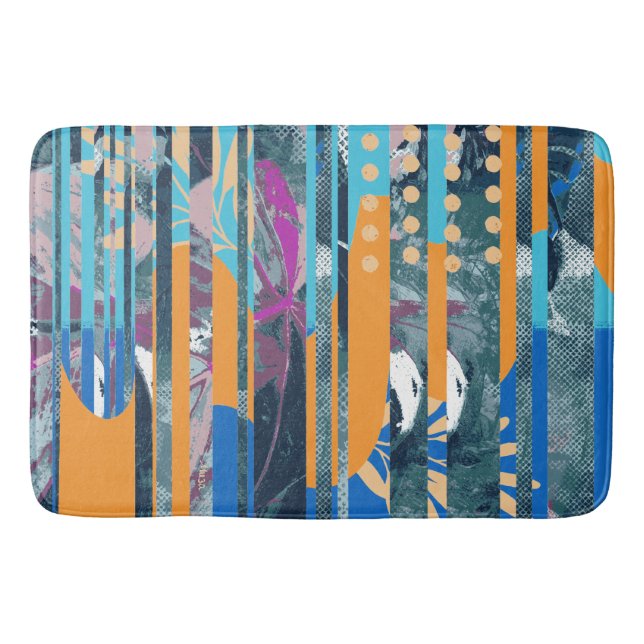 Vibrant colourful floral and geometric design bath mat (Front)