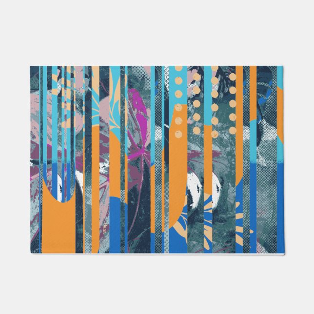 Vibrant colourful floral and geometric design doormat (Front)