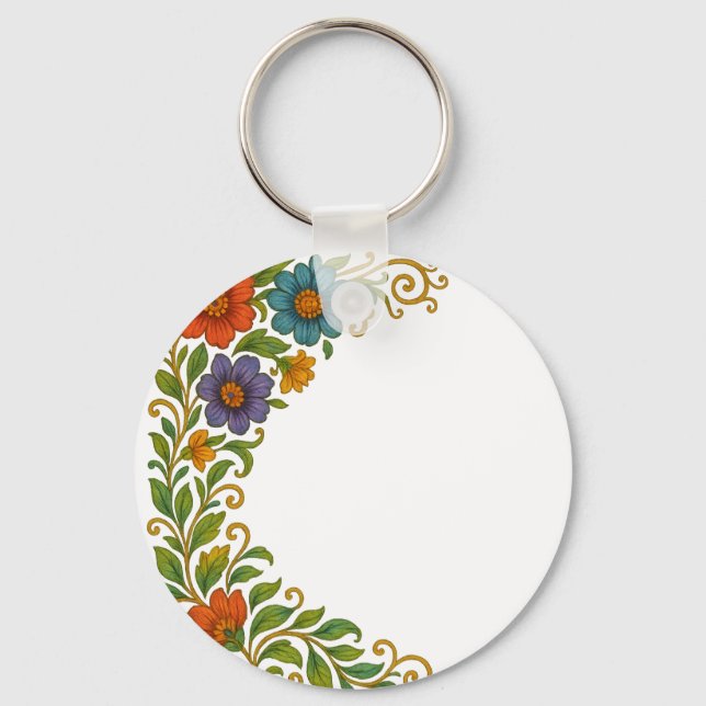 Vibrant Colourful Floral Corner Margin Design Key Ring (Front)