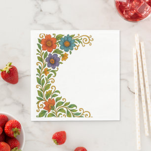 Vibrant Colourful Floral Corner Margin Design Napkin