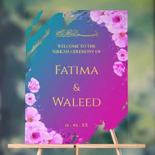 Vibrant Colourful Floral Muslim Nikkah Welcome Sig Acrylic Sign