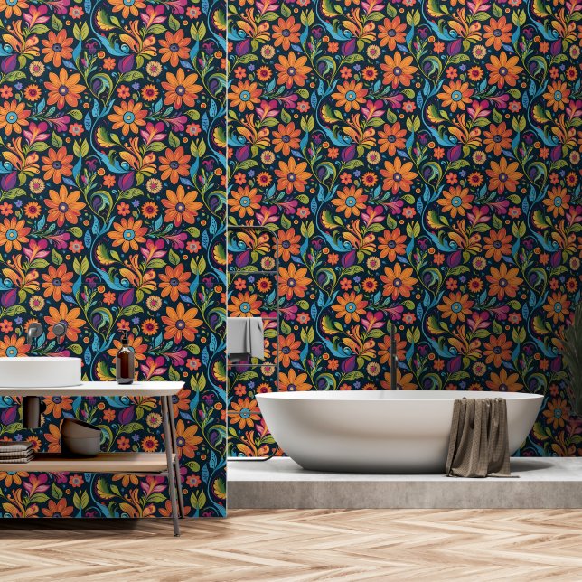 Vibrant Colourful Floral Seamless Pattern Wallpaper (Bathroom)
