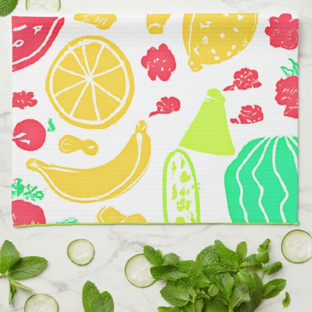 Vibrant Colourful Fruits Pattern Tea Towel (Folded)