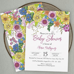 Vibrant Colourful Hand-Drawn Flowers Baby Shower Invitation
