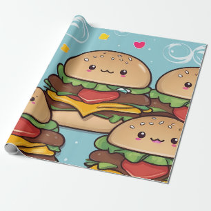 Vibrant Colourful Kawaii Cheeseburgers Wrapping Paper