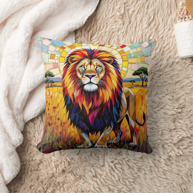 Vibrant Colourful Lion Mosaic   Cushion (Blanket)
