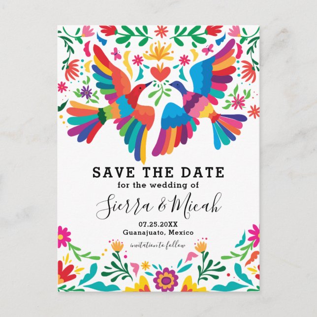 Vibrant Colourful Mexican Inspired Birds and Flora Announcement Postcard (Front)