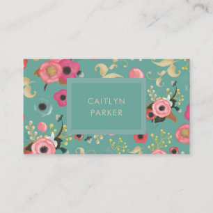 Vibrant Colourful Modern Floral in Teal Business Card