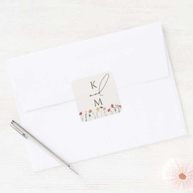 Vibrant Colourful Monogram Wildflower Bloom Weddin Square Sticker (Envelope)