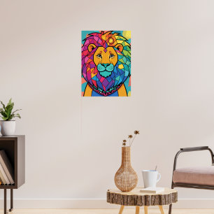Vibrant Colourful Mosaic Lion Geometric Abstract P Poster