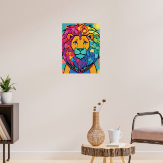 Vibrant Colourful Mosaic Lion Geometric Abstract P Poster