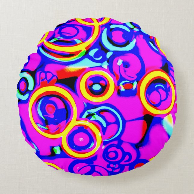 Vibrant Colourful Neon Pattern Round Cushion (Front)