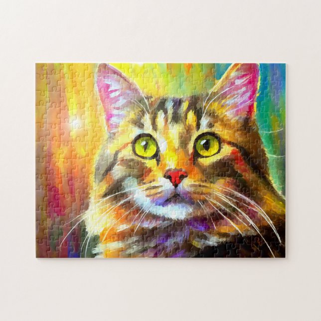 Vibrant, Colourful, Orange Grey Tabby Cat Painting Jigsaw Puzzle (Horizontal)