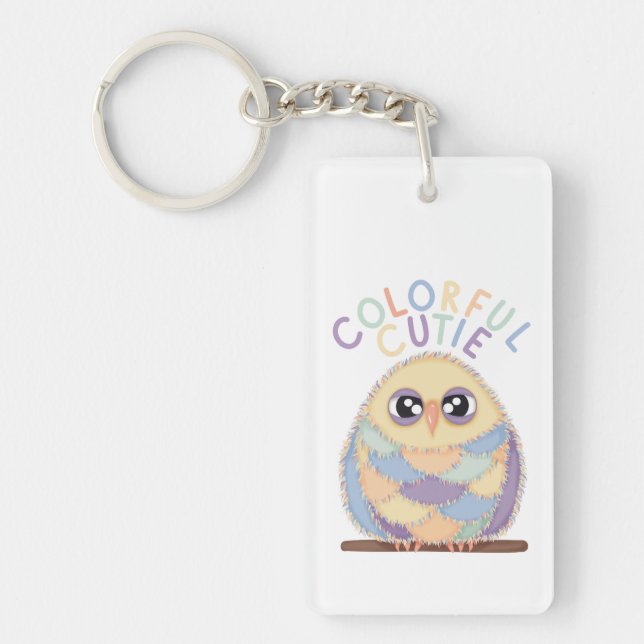 Vibrant Colourful Owl with Text Key Ring (Front)