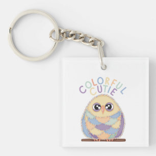 Vibrant Colourful Owl with Text Key Ring