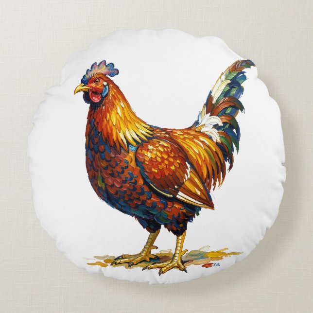 Vibrant Colourful Rooster Illustration Artwork Round Cushion (Front)