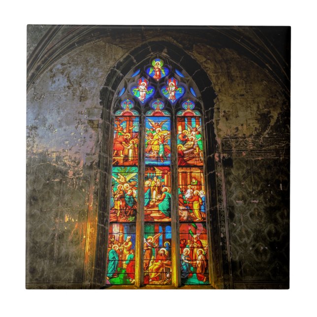 Vibrant Colourful Stained Glass Window Ceramic Tile (Front)