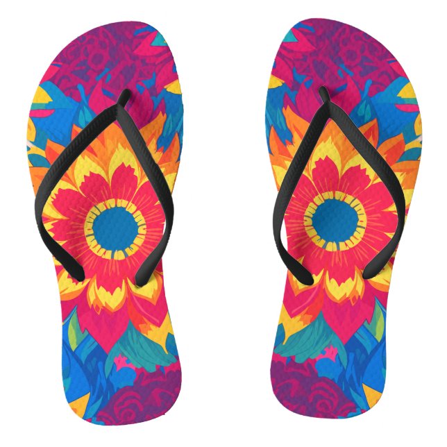 Vibrant Colourful Summer Blooms Floral Pattern Thongs (Footbed)