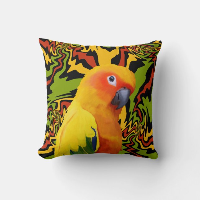Vibrant Colourful Sun Conure Parrot Cushion (Front)