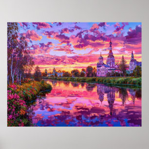 Vibrant Colourful Sunset Over Scenic River Landsca Poster