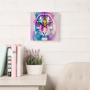 Vibrant Colourful Tiger Face Bold Modern Wildlife Square Wall Clock