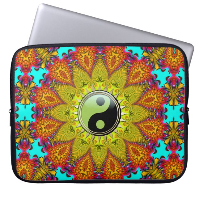 Vibrant Colourful Tribal Yin Yang Sunflower Mandal Laptop Sleeve (Front)