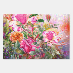 Vibrant Colourful Watercolor Pink Roses Wrapping Paper Sheet