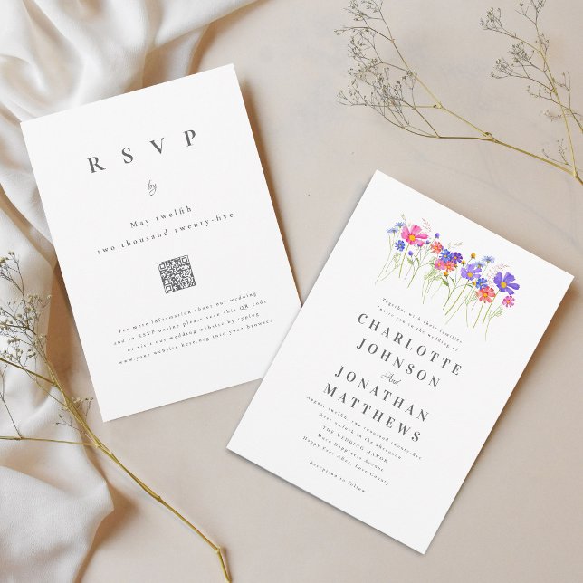 Vibrant Colourful Wildflower Wedding QR Code Invitation (Vibrant colorful wildflower floral qr code wedding invitation elegant modern script watercolor )