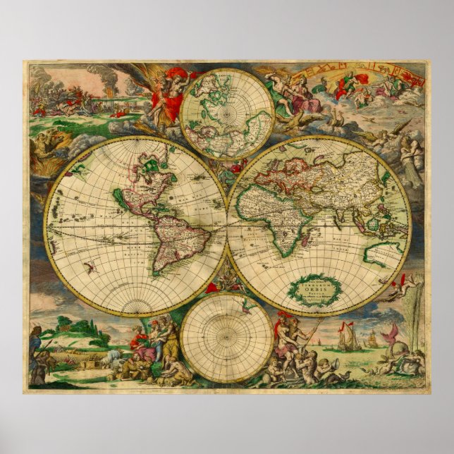 Vibrant Colours Vintage Old World Map Poster (Front)