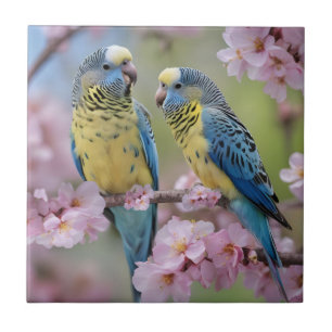 "Vibrant Companions: Blue and Yellow Budgies" Ceramic Tile