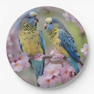"Vibrant Companions: Blue and Yellow Budgies" Paper Plate