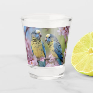 "Vibrant Companions: Blue and Yellow Budgies" Shot Glass