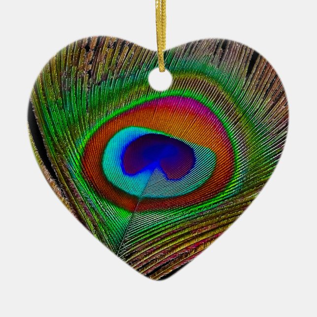 Vibrant Copper Peacock Feather Ceramic Tree Decoration (Front)