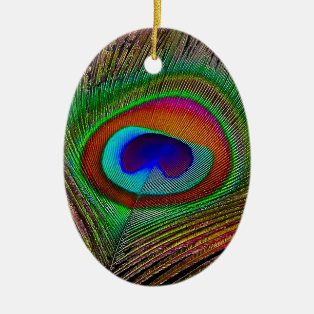 Vibrant Copper Peacock Feather Ceramic Tree Decoration (Front)