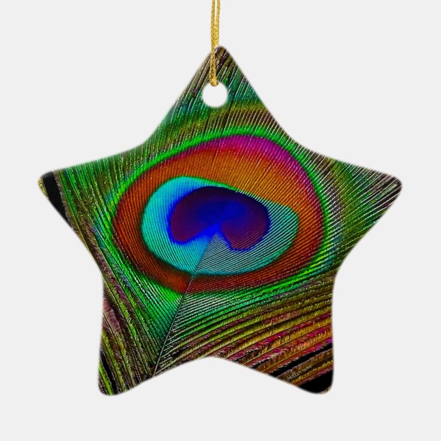 Vibrant Copper Peacock Feather Ceramic Tree Decoration (Front)