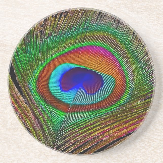 Vibrant Copper Peacock Feather Coaster (Front)