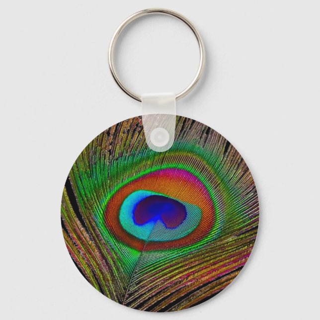 Vibrant Copper Peacock Feather Key Ring (Front)