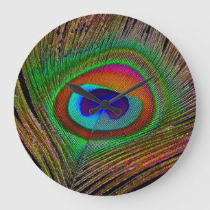 Vibrant Copper Peacock Feather Large Clock