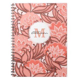 Vibrant Coral Floral Pattern Monogrammed Notebook