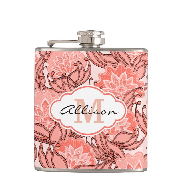 Vibrant Coral Floral Pattern Personalised Hip Flask (Front)