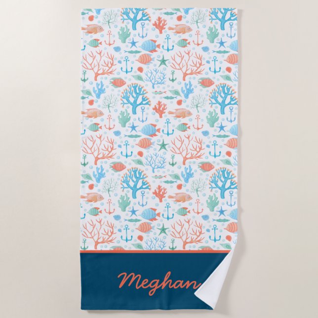Vibrant Coral Personalised Beach Towel (Front)