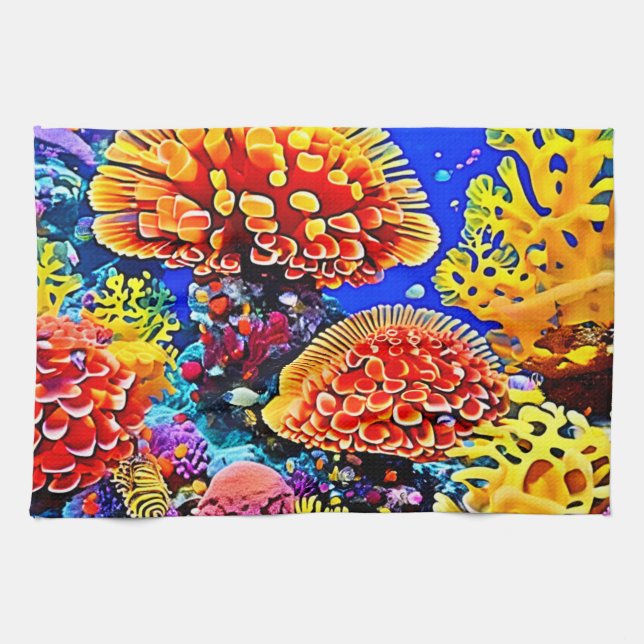 Vibrant Coral Reef Sea Wonder Art Tea Towel (Horizontal)
