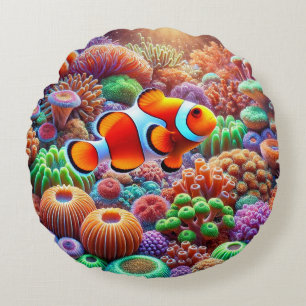 Vibrant Coral Reef with a Clownfish Round Cushion